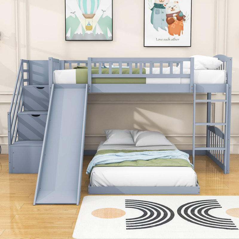 Lit superposé simple en bois avec glissade Ilaina Kids, gris
