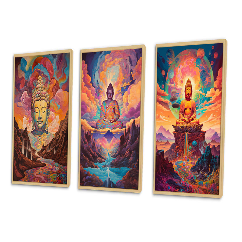 "Bouddha psychédélique dans les montagnes I", 3 pièces sur toile, Cadre naturel flottant, H 32 po x l 48 po