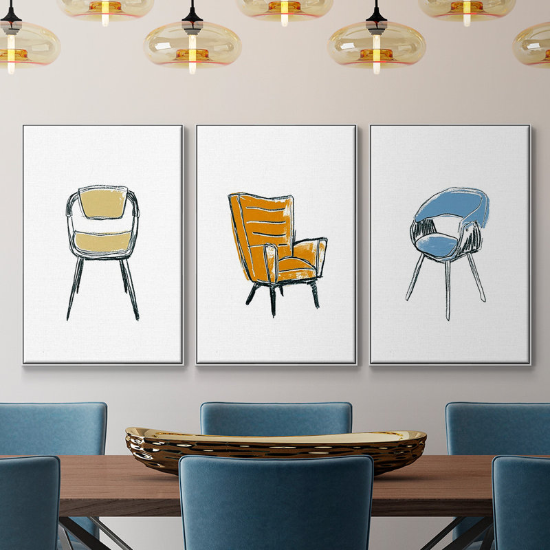 «Take a siège I», ensemble de 3 reproductions encadrées sur toile, Cadre blanc, H 36 po x l 72 po x P 2 po