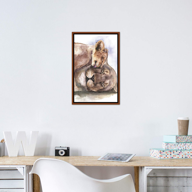 Happy Lions, art encadré, Toile classique avec cadre brun, H 40 po x l 26 po x P 1,5 po
