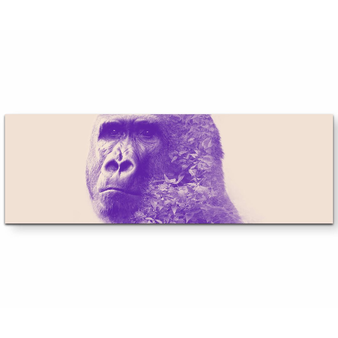 Leinwandbild Lila Gorilla Portrait mit Wald