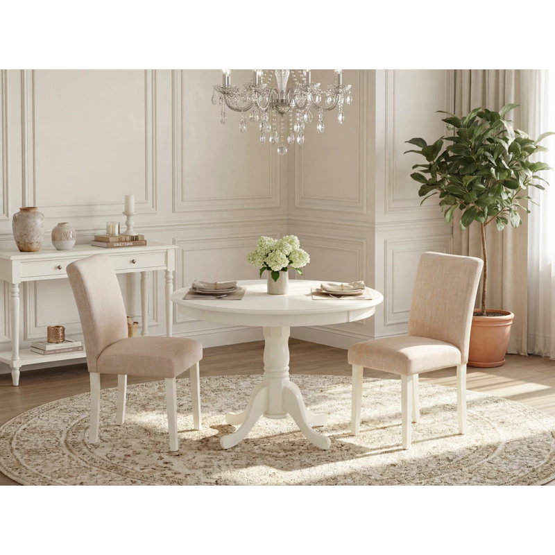 3 Piece Dining Set Contains a Round Dining Room Table with Pedestal and 2 Light Beige Linen Fabric Upholstered Parson Chairs, Linen White