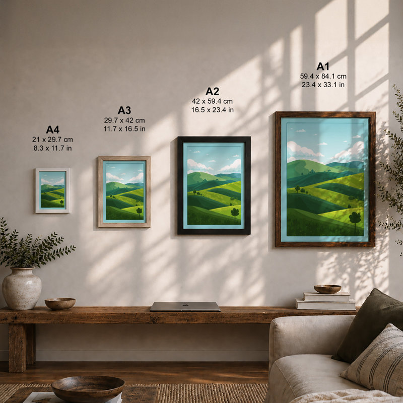 Rolling Green Landscape Modern - Framed Print, A2 - 59.4 x 42.0 cm, White