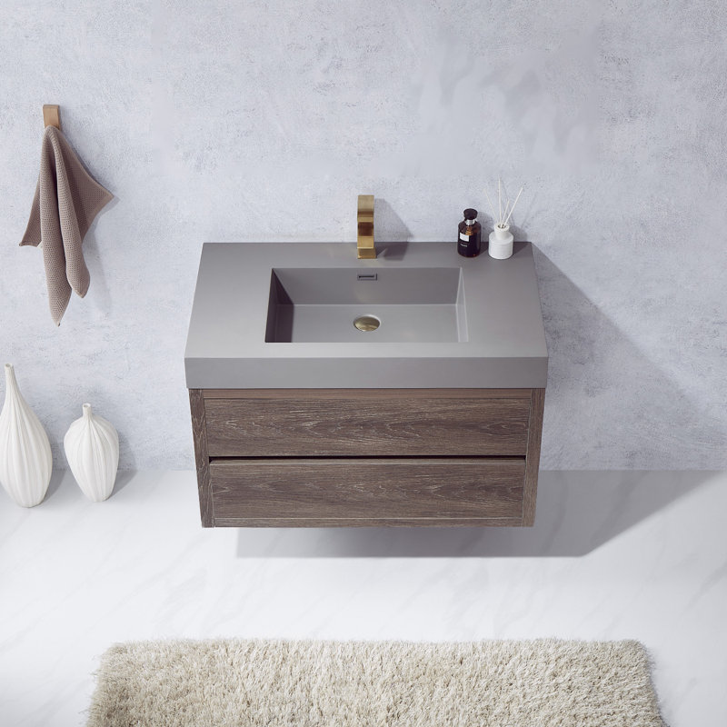 Vali Wall-Mounted Single Bathroom Vanity Set, North American Oak Finish, White, 36"