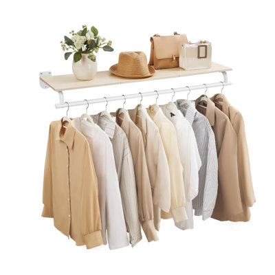 Clothes Rack with Top Shelf, Wall Mounted Clothing Rack, with Hanging Rod, Entryway, Bedroom, Closet, Natural Beige and Cloud White