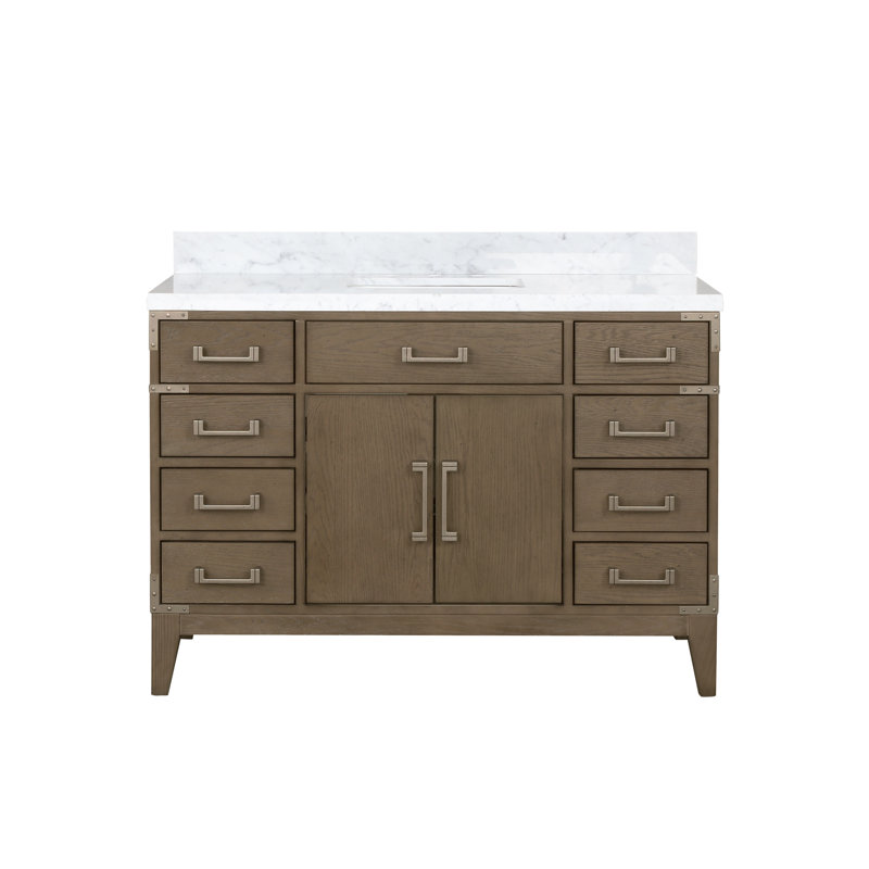 Plateau de meuble-lavabo simple l 48 po x P 22 po Laurel, Marbre de Carrare blanc, Chêne gris