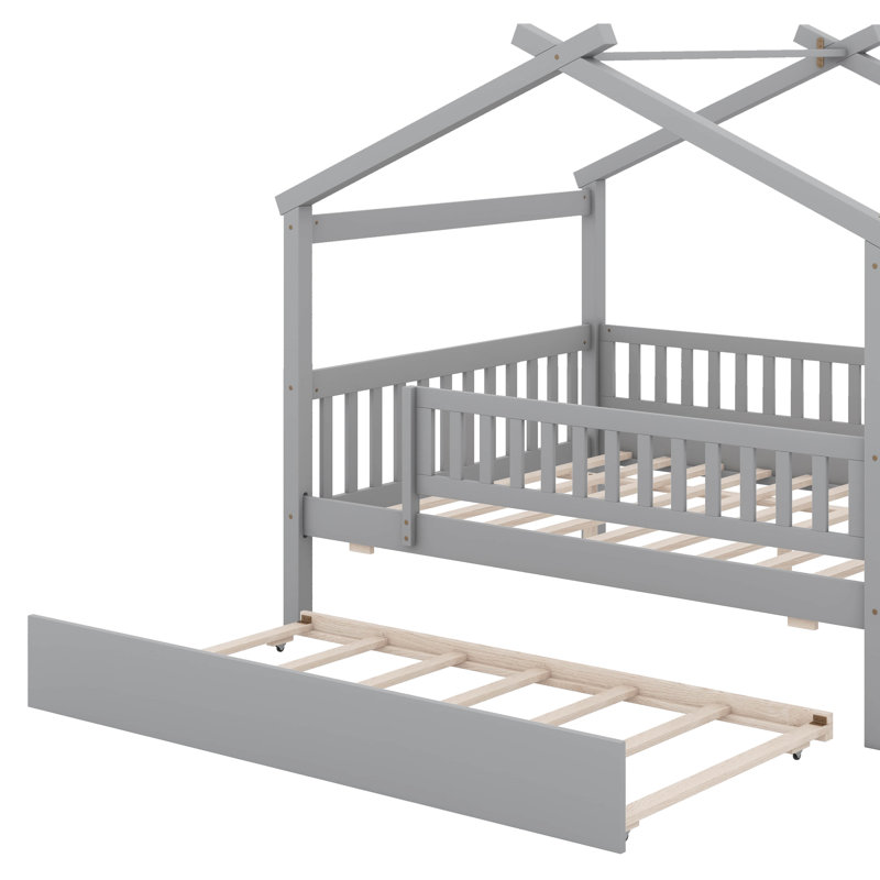 Lit double en bois avec lit gigogne, Gris, Lit double
