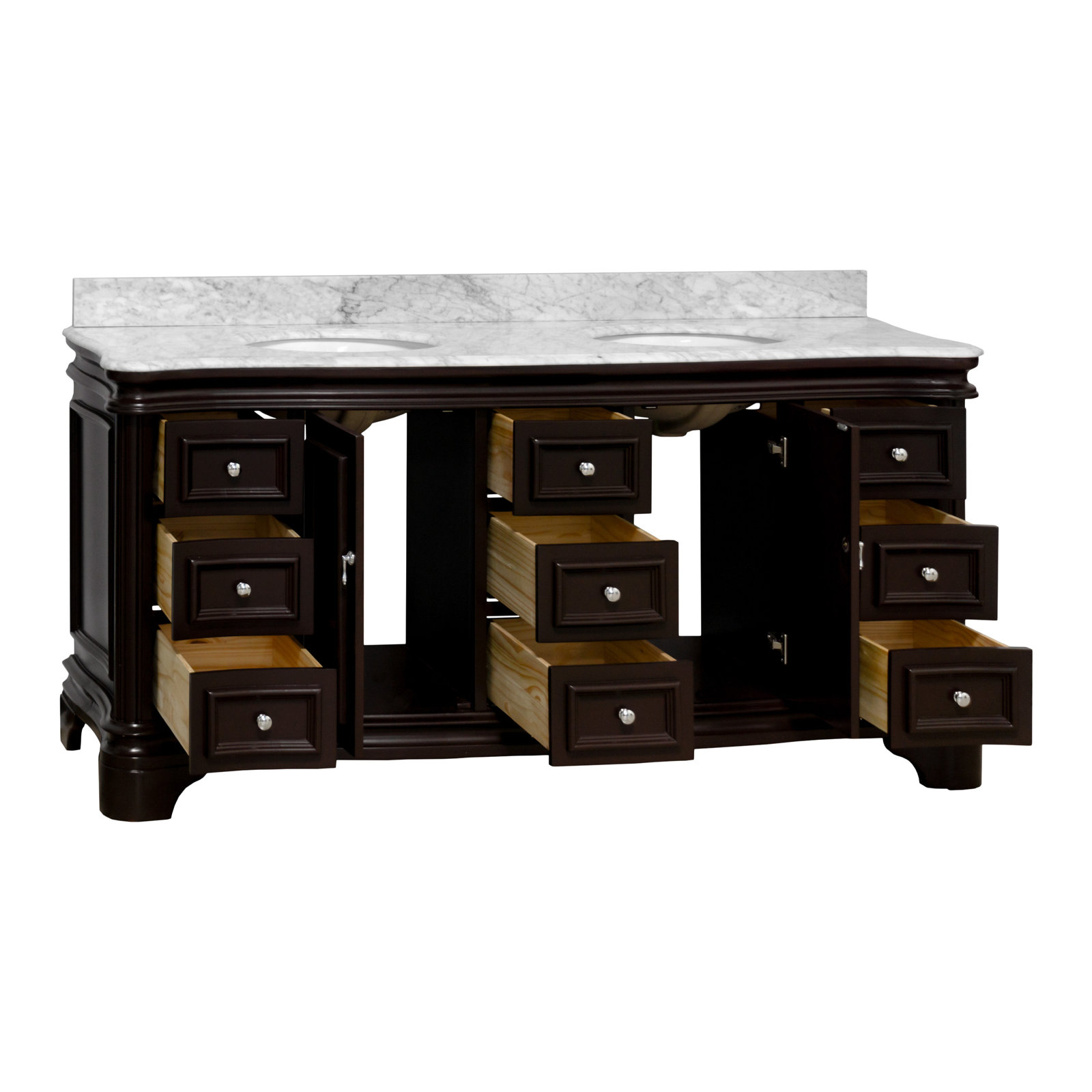 Twain 72" Carrara Marble Double Bathroom Vanity, Carrara Marble, Chocolate