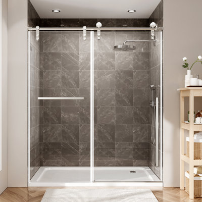 Porte de douche coulissante simple sans cadre de 44 à 48 po x H 76 po avec verre de 5/16 po (8 mm) avec film antidéflagrant, poignée en acier inoxydable nickel