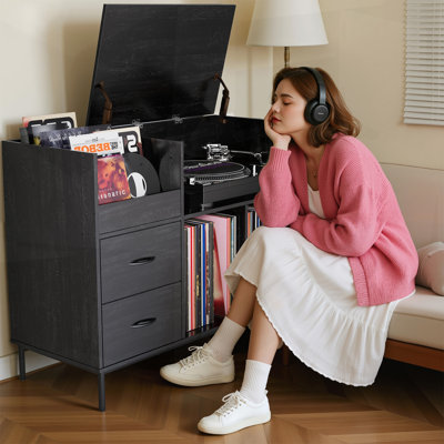 Support de tourne-disque écologique avec couvercle rabattable, armoire de rangement en vinyle en bois, multiprise à 2 prises et tiroirs anti-poussière pour le salon ou le bureau