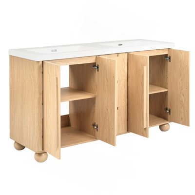 Meuble-lavabo double 59,1 po avec lavabos en résine, poignées en bois massif, grain de bois naturel, portes à fermeture en douceur et 3 tiroirs, tablettes réglables, couleur bois