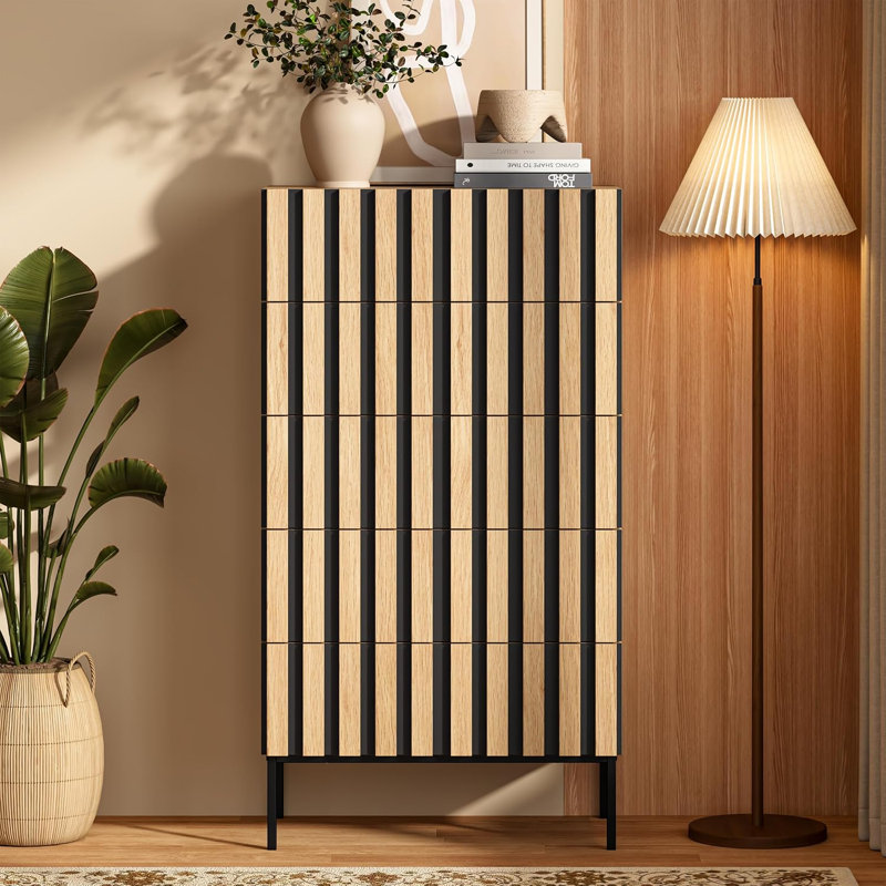 Solid Wood 25 cm W Chest of 5 Drawers, Light Oak&Black