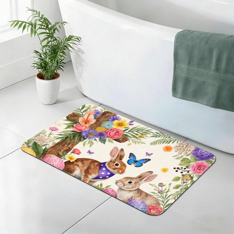 Paire de lapins avec tapis de bain floral croisé, 24 x 36 po, antidérapant, vestibule et salon