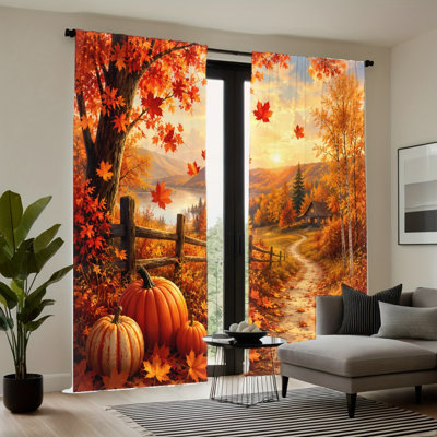 Rideaux filtrant la lumière avec passe-tringle 2PCS, rideaux d'automne à imprimé citrouille et cabane d'érable, décorations d'automne douillettes, habillage de fenêtre toutes saisons pour le salon, la chambre à coucher et la décoration