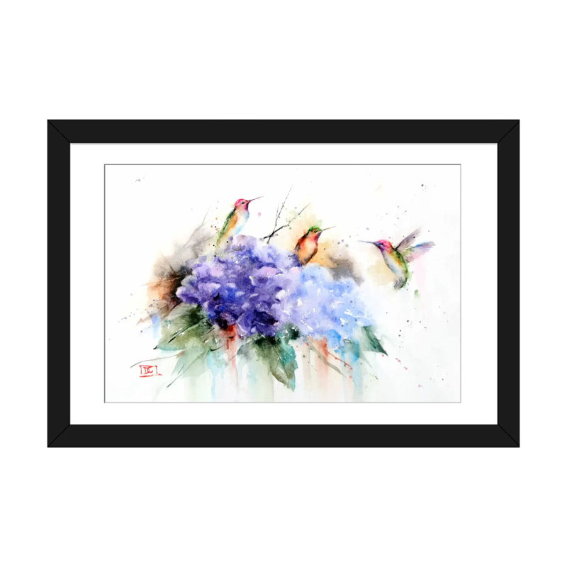 «Three Hummingbirds», peinture sur toile, H 16 po x l 24 po x P 1 po, Papier d'art encadré noir, Blanc