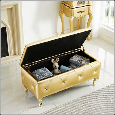 Luxurious Faux Leather Upholstered Storage Ottoman with Crystal Buttons, Perfect for Bedroom and Living Room Decor