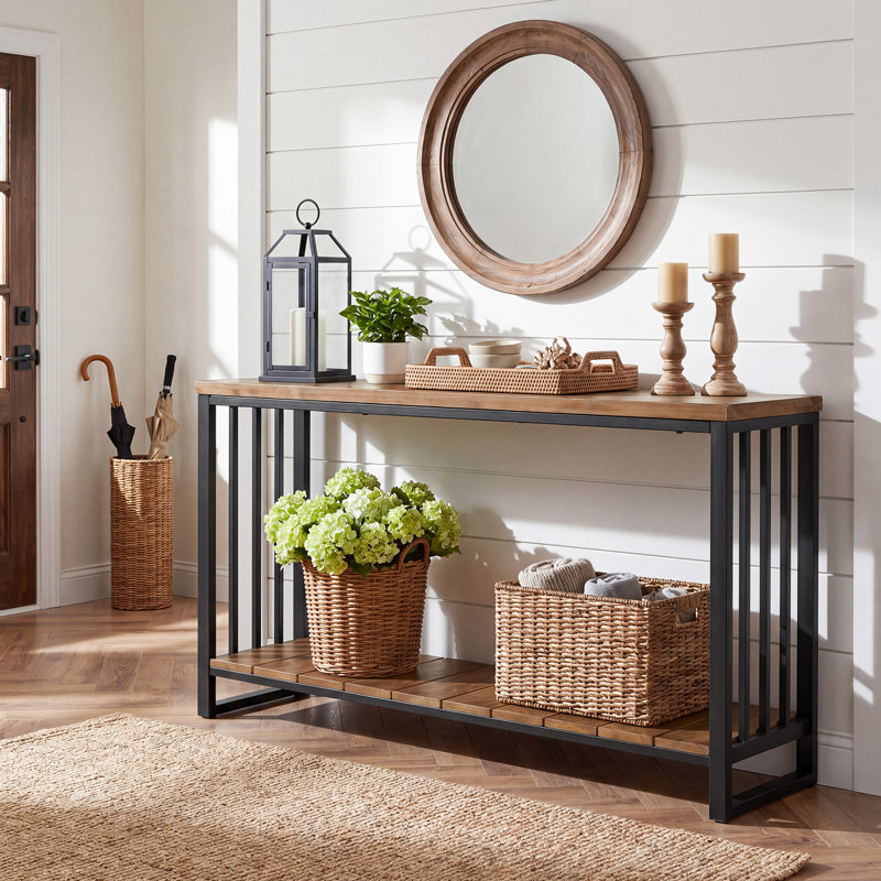 Table console rustique en bois massif à 2 niveaux, canapé d'entrée en métal noir avec tablette de rangement ouverte