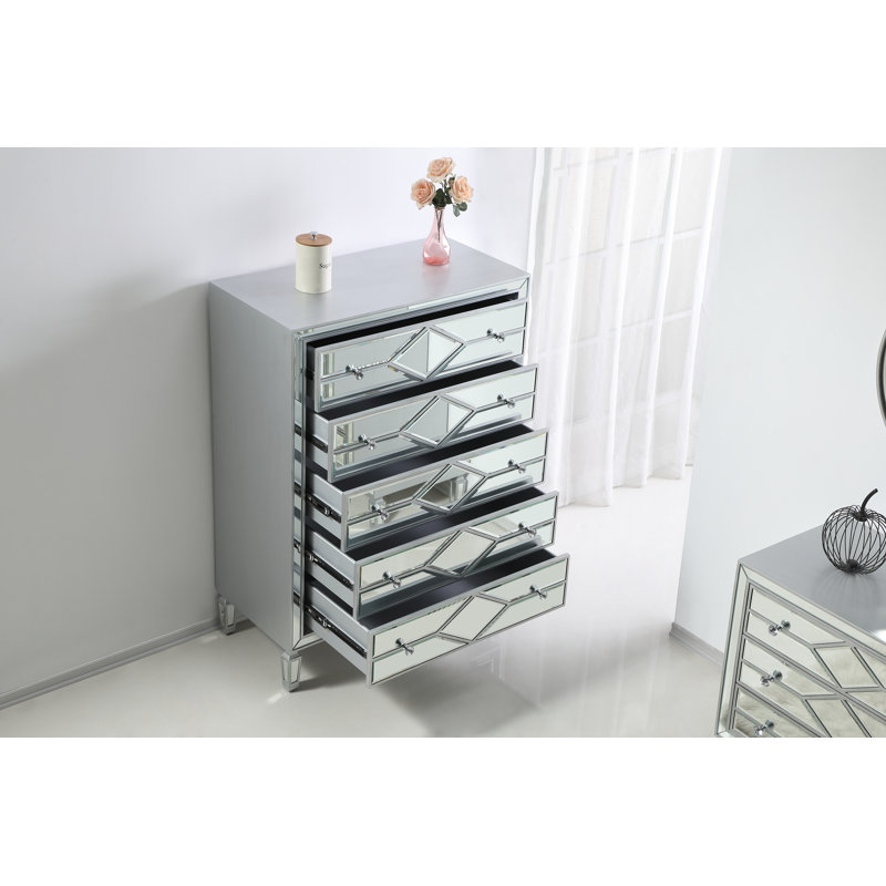 Bashaw 36" W 5-Drawer Mirrored Dresser, Silver