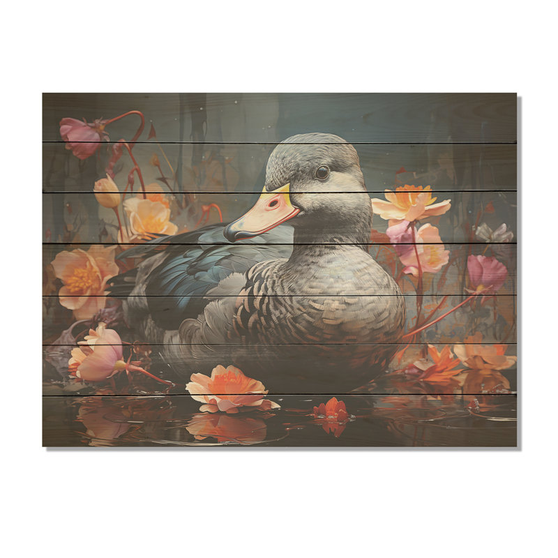 «Grey Duck Floral Swims II» - animal canard sur bois, H 34 po x l 44 po x P 0,78 po