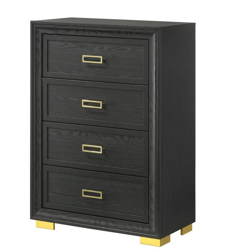 Commode glamour moderne à 4 tiroirs avec finition gris foncé et or, parfaite pour les solutions de rangement élégantes pour la chambre à coucher