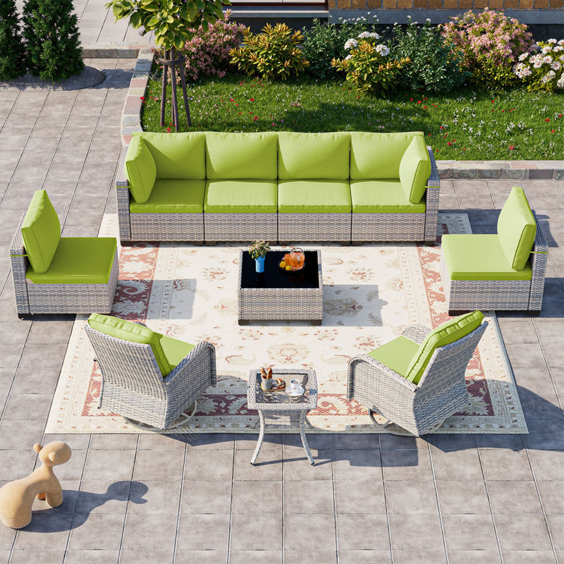 10-Piece Patio Furniture Set, Outdoor Patio Furniture with Swivel Chairs Set, Thick Cushions, Modular Patio Sofa, Dual-Strand Wicker Rattan, Rust-Resistant Frame,