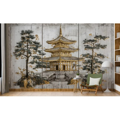 Gold Japanese Pagoda Pine Tree Wall Mural – Zen Asian Temple Concrete Background Panoramic Accent Wall Decor