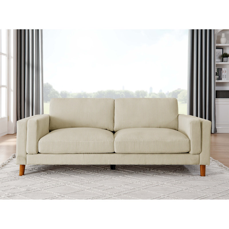 Corduroy Upholstered Square Arm Sofa With Wooden Legs, Beige