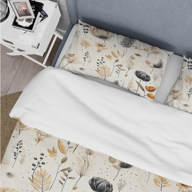 Literie à fleurs géométriques grises et beiges, Housse de couette pour très grand lit et 2 très