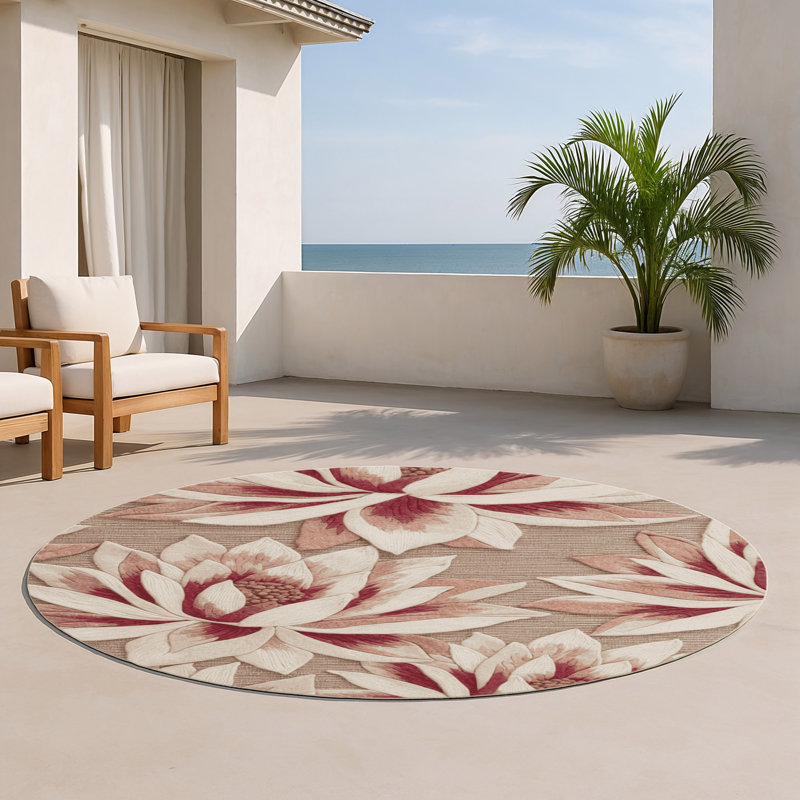 Tapis beige d'intérieur et d'extérieur Botanical, Rond 5 pi