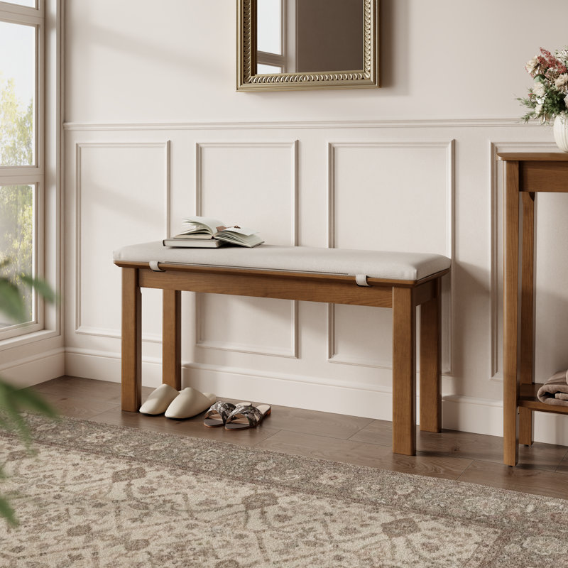 Addisin Solid Wood Dining Bench with Removable Linen Cushion, 39.37" W, Brown