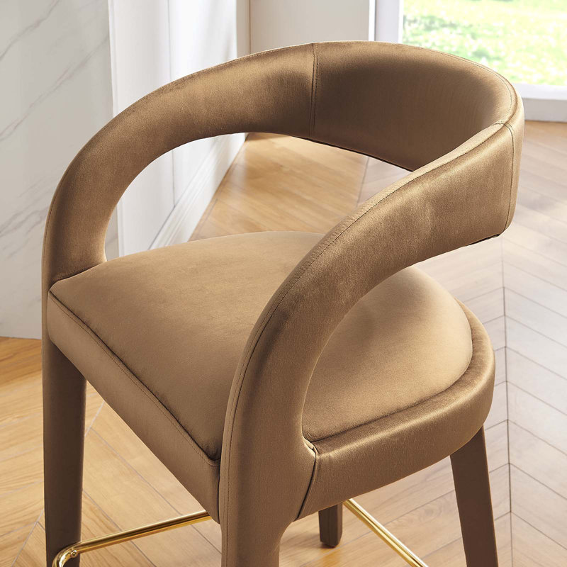 Ivory Gold Velvet Upholstered Counter Stools with Metal Footrest, Set of Two