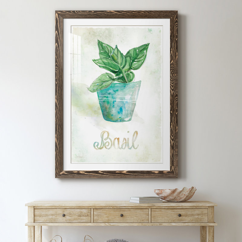 Basilic en pot - peinture, Papier, cadre noyer, H 31,5 po x l 23,5 po x P 1,5 po