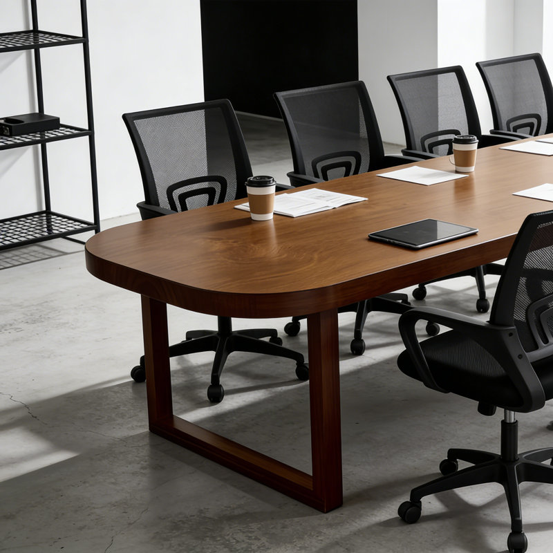 Table de conférence en bois massif 6 personnes et chaise en filet, H 29,53 po x L 86,61 po x l 35,43 po, Noir