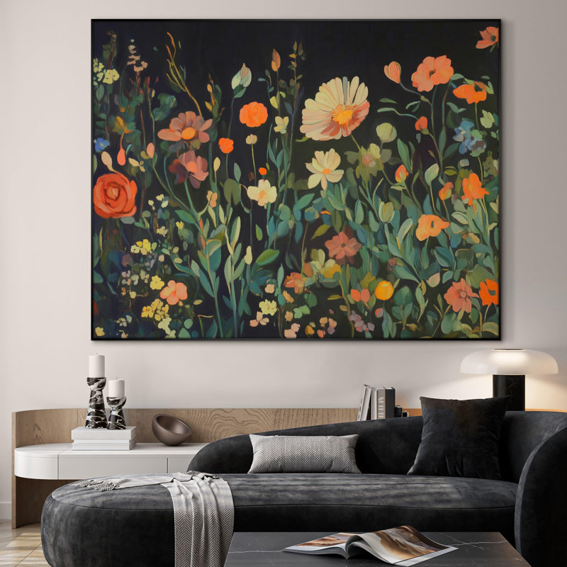 Extra Large Wall Art Fabric Print - Vibrant Wildflower Garden on Dark Background Artwork Decor for Living Room or Bedroom - "Frame Assembly Required (Unfinished Frame)"