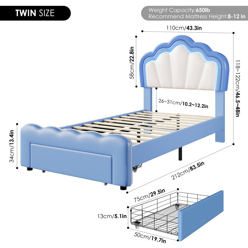 Lit pour enfant tapissier avec tiroir et tête de lit réglable Avalie, Simple, Polyuréthane bleu / crème