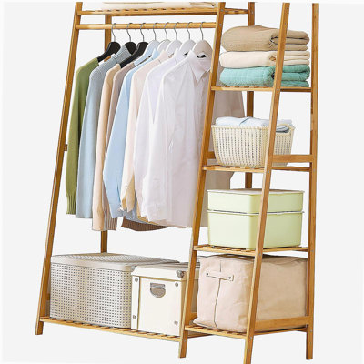 Bamboo Clothing Garment Rack, Free Standing Clothes Coat Hanger, Closet Organizer w/Shoe Rack, Multi-tiered Wardrobe Storage Shelves, Clothes Hanging Racks for Hall, Living Room, Bedroom, Entryway
