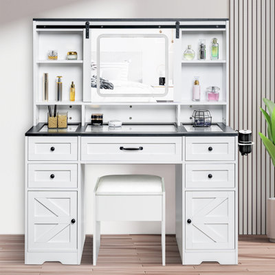 47" Farmhouse Makeup Vanity with Sliding Mirror, 3-Color LED Lights, Charging Station, Glass Top, Stool & Storage