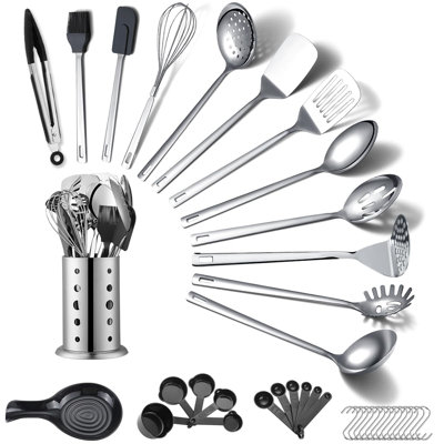 Ensemble d'ustensiles de cuisine en acier inoxydable 40 pièces, ensemble d'ustensiles de cuisine avec porte-ustensiles, gadgets de cuisine essentiels pour la maison neuve, maison, appartement indispensable, ensemble de spatules en métal
