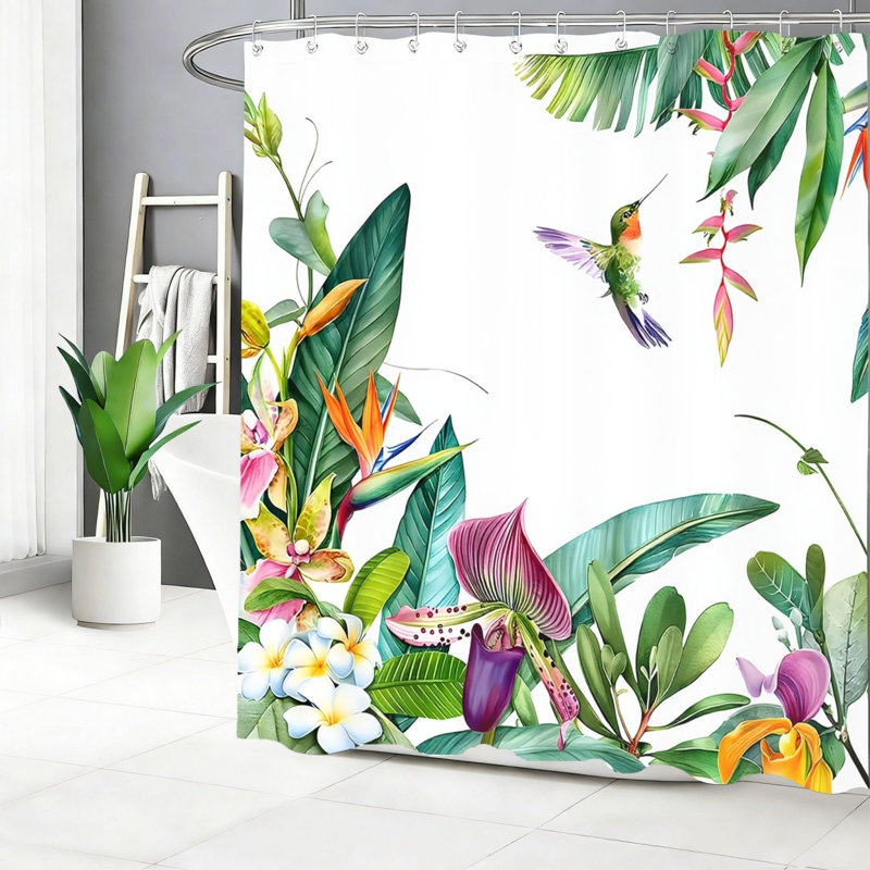 Rideau de douche tropical vert à motif floral colibri 72 x 72 po