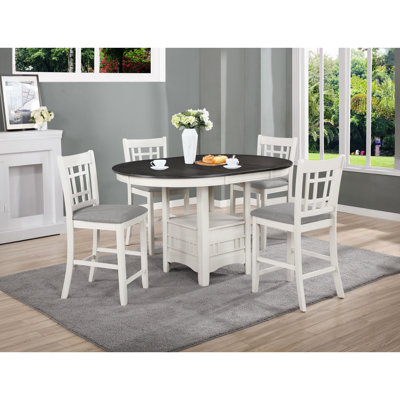 Table de salle à manger contemporaine à hauteur de comptoir de 5 pièces avec table ovale en feuille de 18 po, sièges rembourrés gris et rangement de table pour les chaises de 5 pièces, utilisation extensible