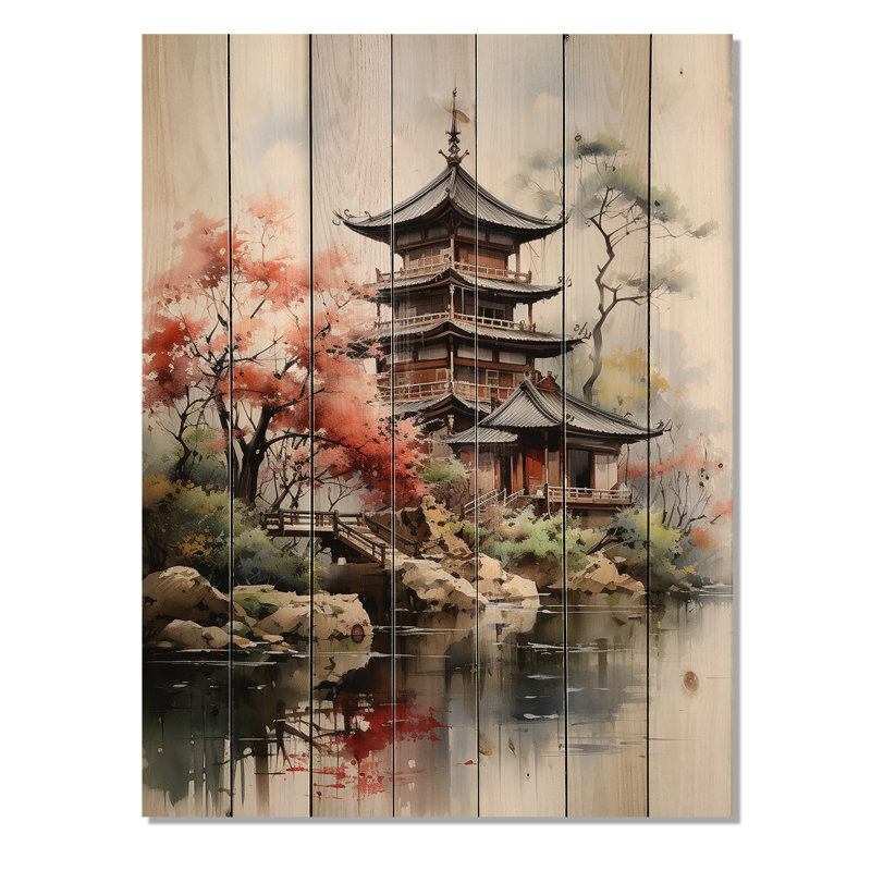 «Asian Art Serene Pagoda IV», impression sur bois naturel, H 40 po x l 30 po x P 0,78 po
