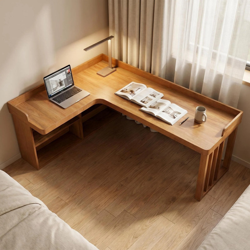Bureau en coin en L en bois massif avec tablettes de rangement, table d'écriture Modern Farmhouse Home Office