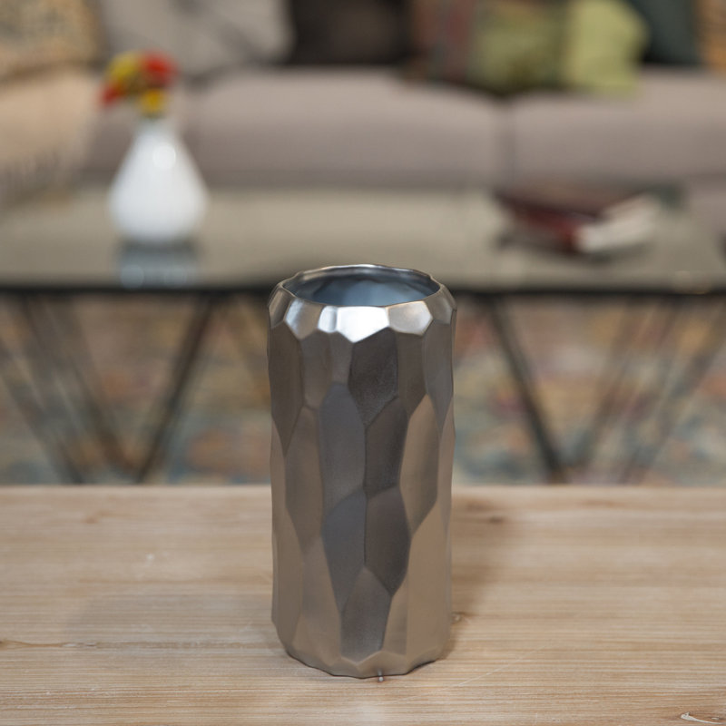 Perron Ceramic Table Vase, 10.5" H x 5.5" W x 5.5" D, Silver