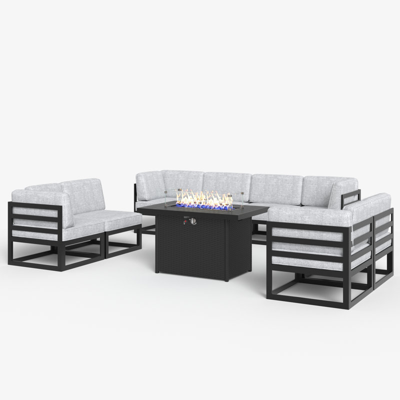 9 - Piece Outdoor Modular Sectional Set with Fire Table, Gray