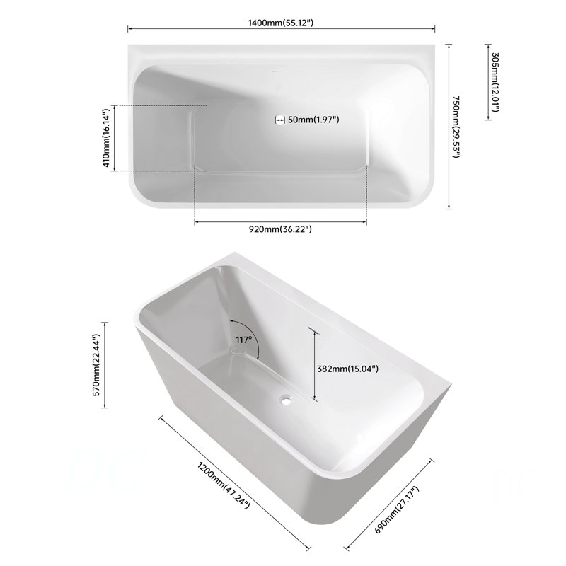 55" Free Standing Tubs Acrylic Rectangular White Soaker Bath Tubs