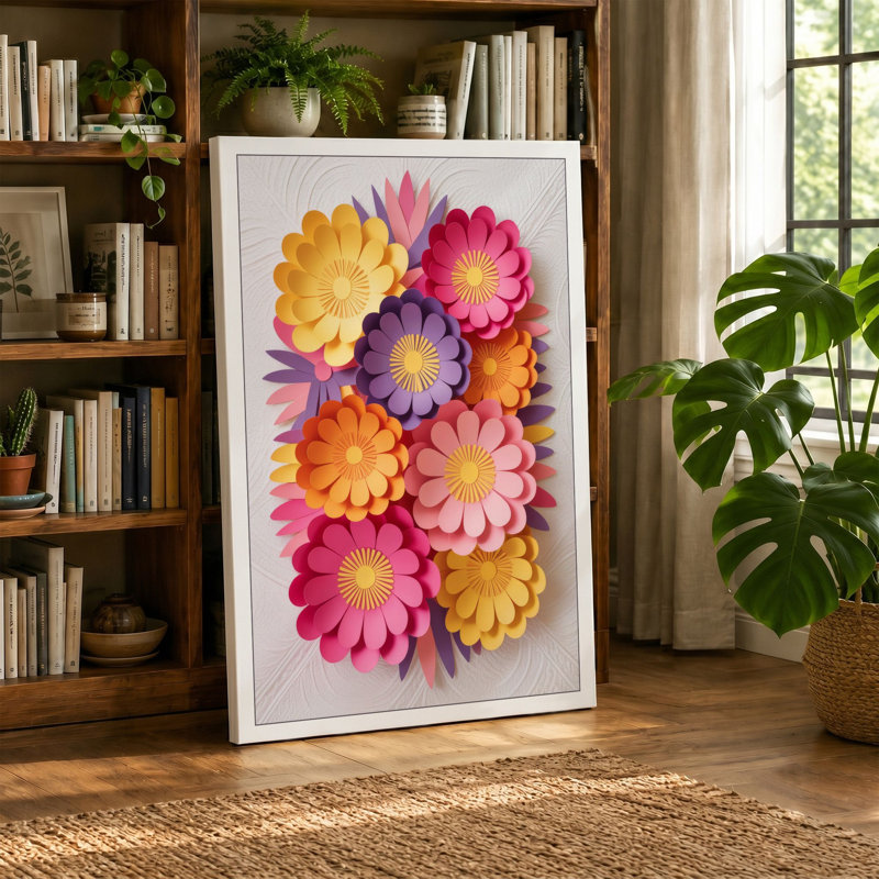 Vibrant Gerbera Cluster Botanical - Wrapped Canvas, 36x24 - 91.4 x 61.0 cm, Teal Border