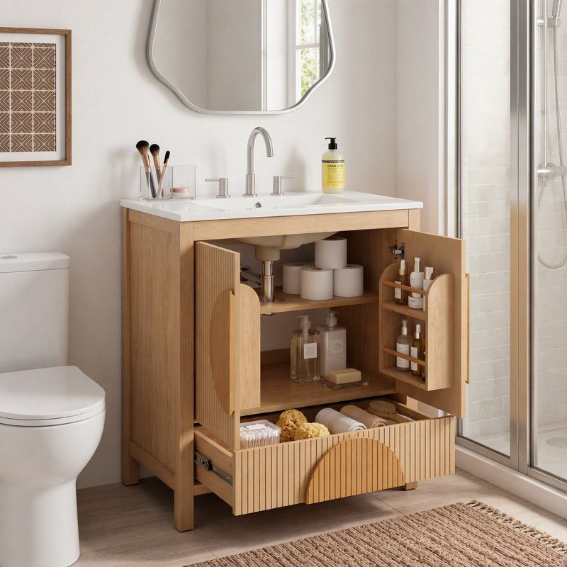 Meuble-lavabo de salle de bain cannelé 30 po avec lavabo - armoire moderne en bois autoportante avec portes à fermeture en douceur, 1 tiroir et rangement ouvert, décoration circulaire décorative, bois massif et panneau de fibres à densité moyenne