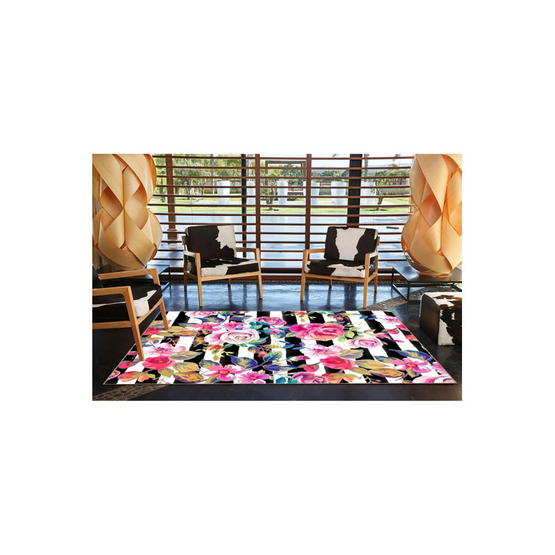 Tapis décoratif moderne à motif floral multicolore, Sous-tapis carré 3 pi 3 po inclus