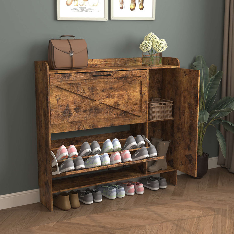 Shoe Storage Cabinet With 2 Flip Drawers, Freestanding Organizer With Metal Legs For Entryway, Narrow Shoe Rack Cabinet