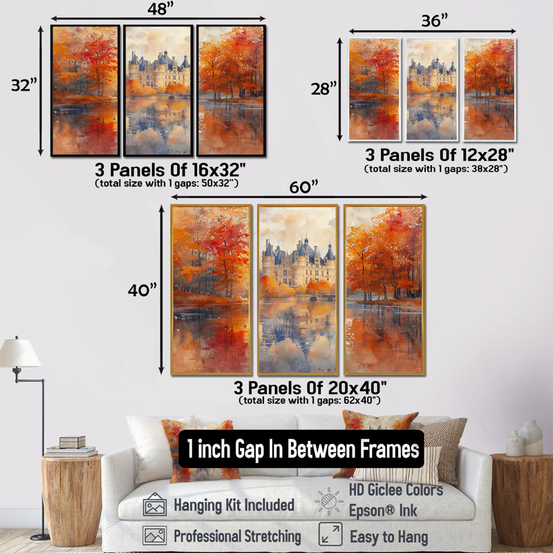 - Ensemble d'art mural Chateaus, H 40 po x l 60 po x P 1 po, Toile avec cadre flottant or